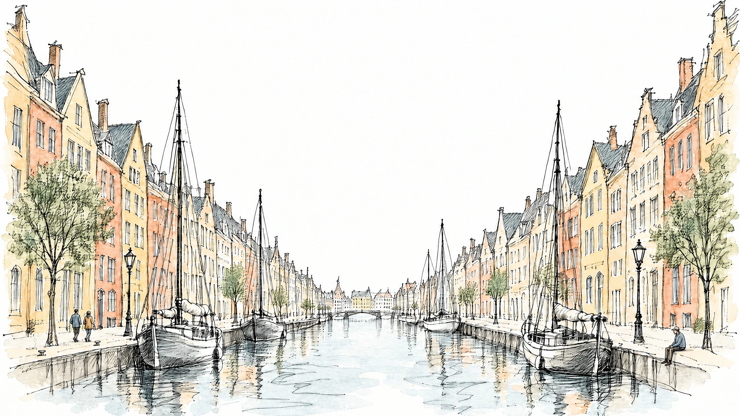 Akvarelskitse af en københavnsk kanal med gavlhuse og sejlbåde, en mand der sidder på kajkanten og to der går langs vandet